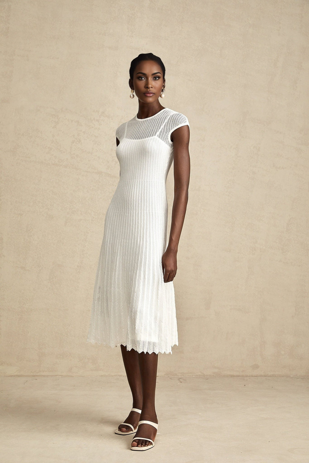 Enrica Midi Dress - Round Neck - Sleeveless - Scallop Hem - Semi - Sheer