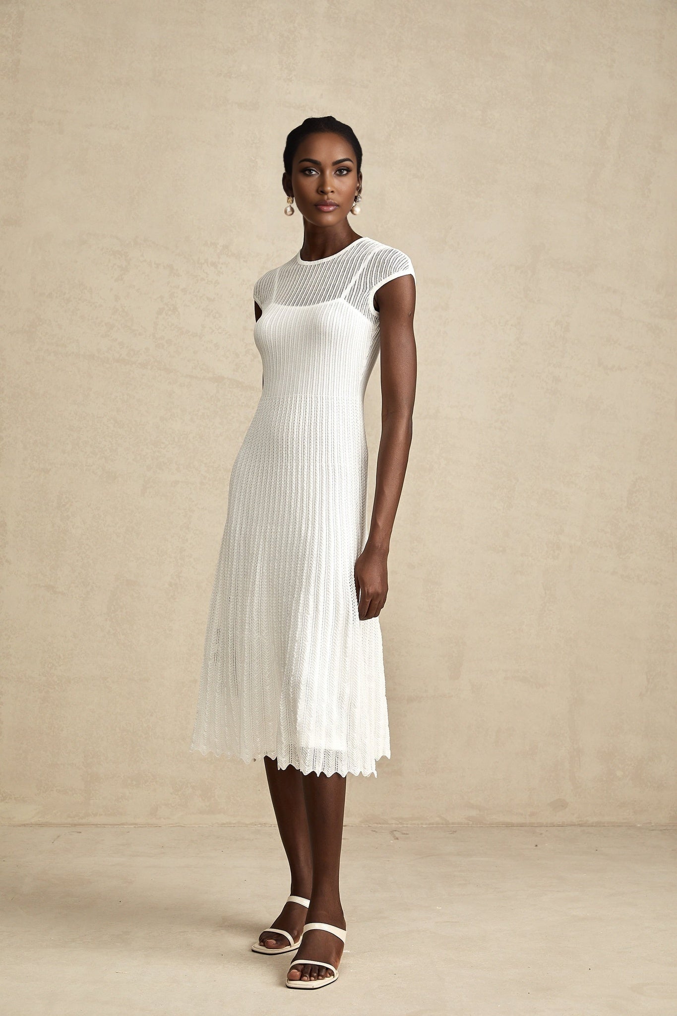 Enrica Midi Dress - Round Neck - Sleeveless - Scallop Hem - Semi - Sheer