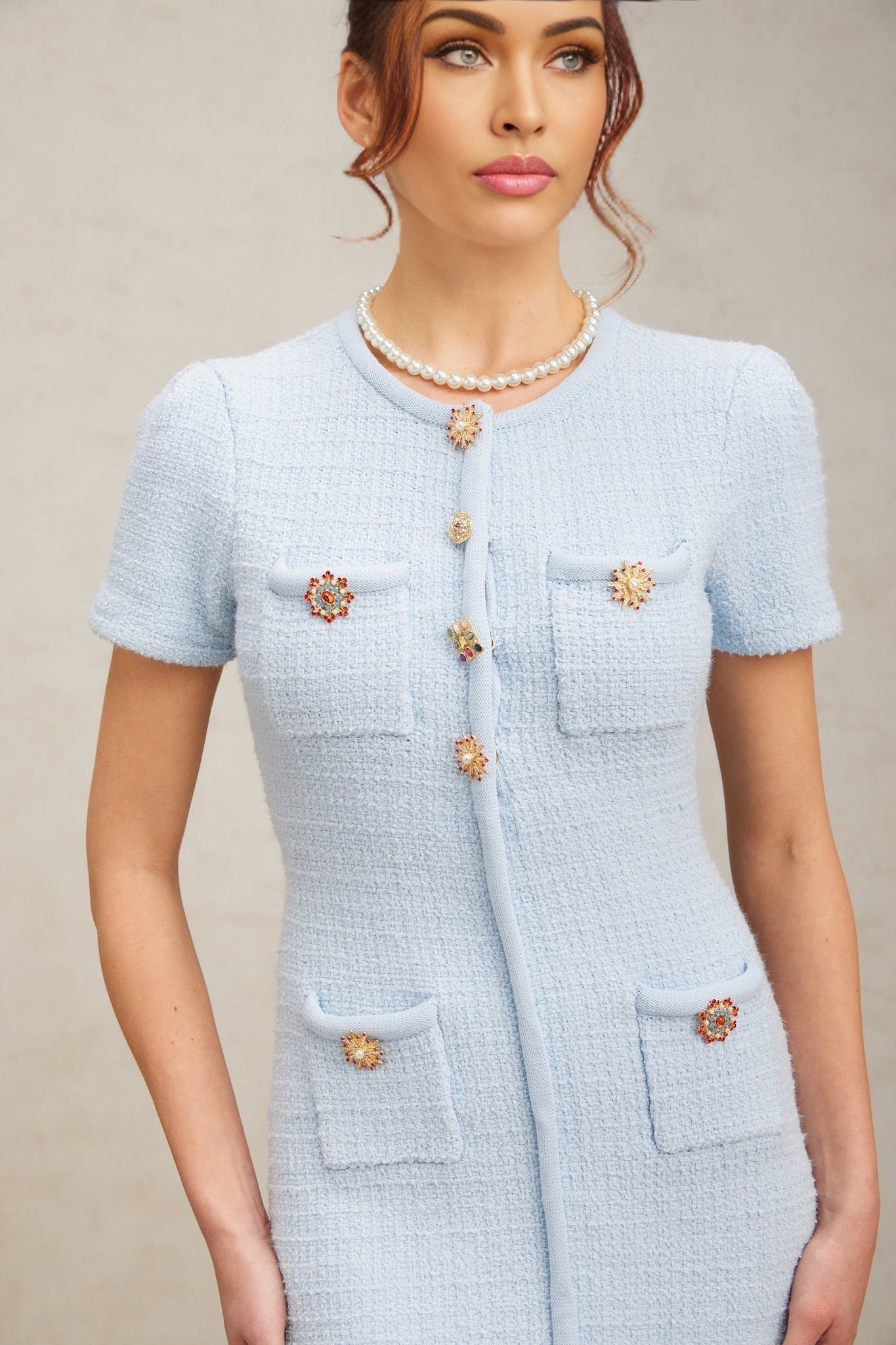 Enrica Mini Dress - Knitted Construction - Crystal Embellishment - Four Patch Pockets - Front Press - Stud Fastening