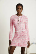 Enrica Mini Dress - Tweed Beaded Check Pattern Ruffled Hem Button Front