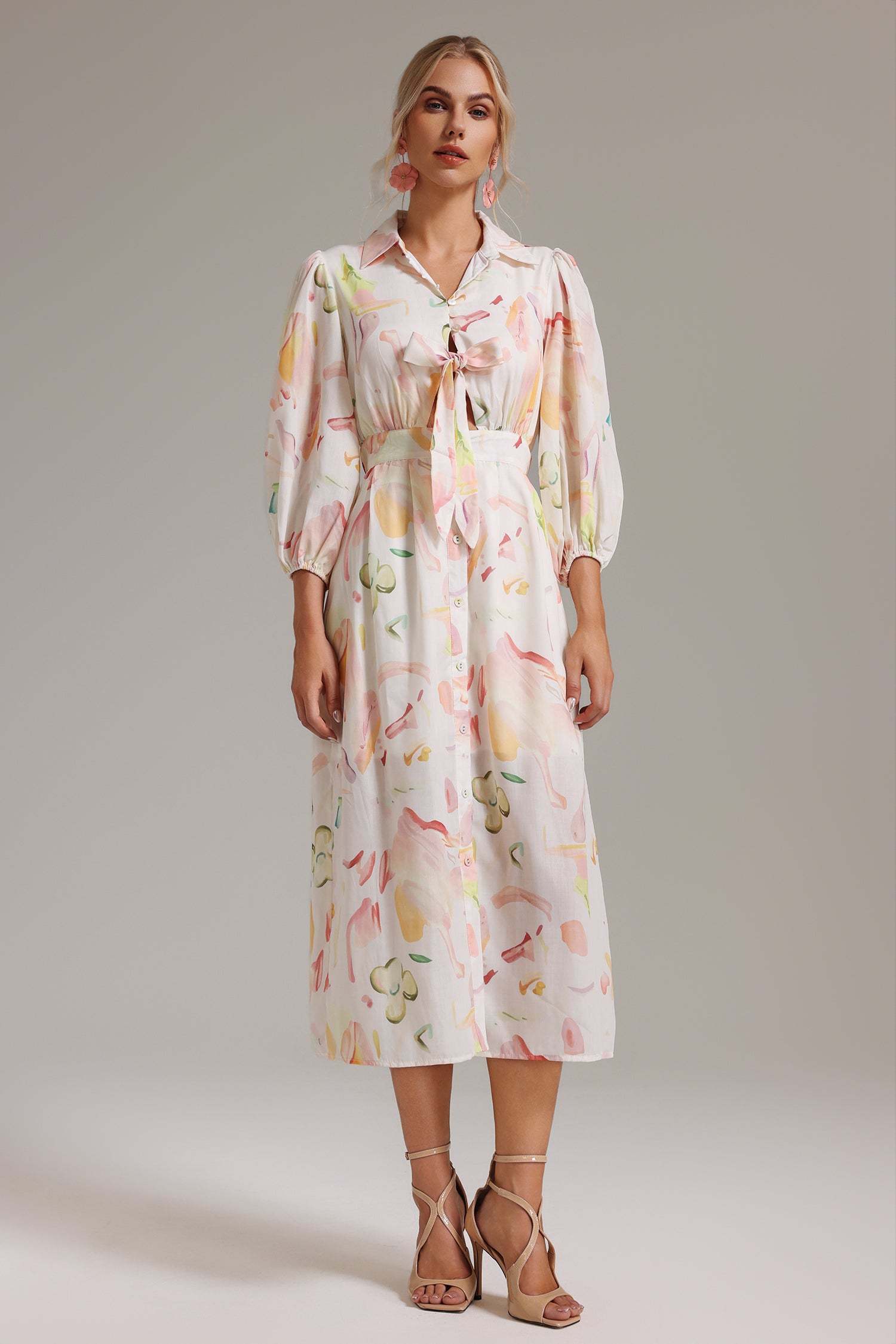 Enrica White Balloon Sleeve Button-Up Dress