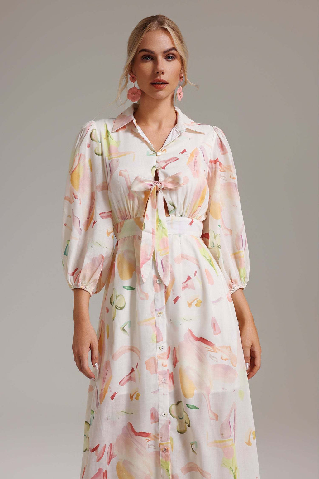 Enrica White Printed Balloon Sleeve Dress