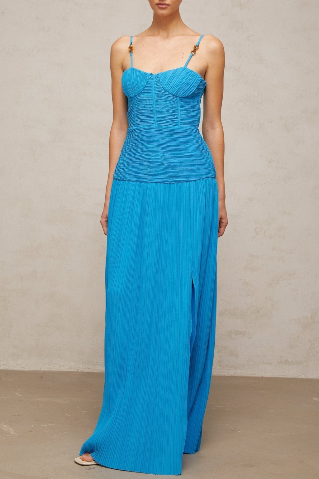 Erika Maxi Dress - Sweetheart Neckline - Sleeveless with Adjustable Straps - Pleated Design with Side Slit - Decorative Buckle Detailing