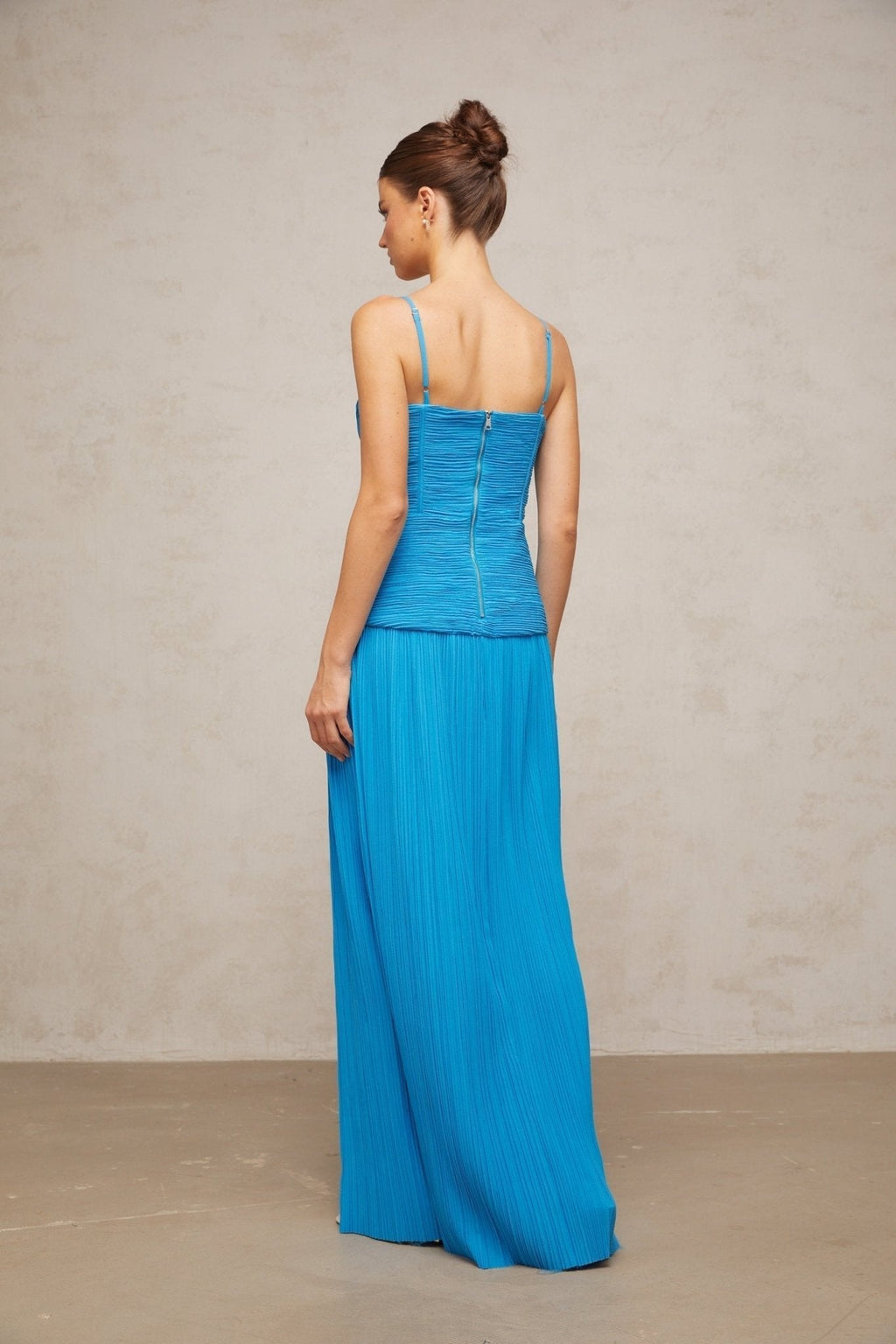 Erika Maxi Dress - Sweetheart Neckline - Sleeveless with Adjustable Straps - Pleated Design with Side Slit - Decorative Buckle Detailing