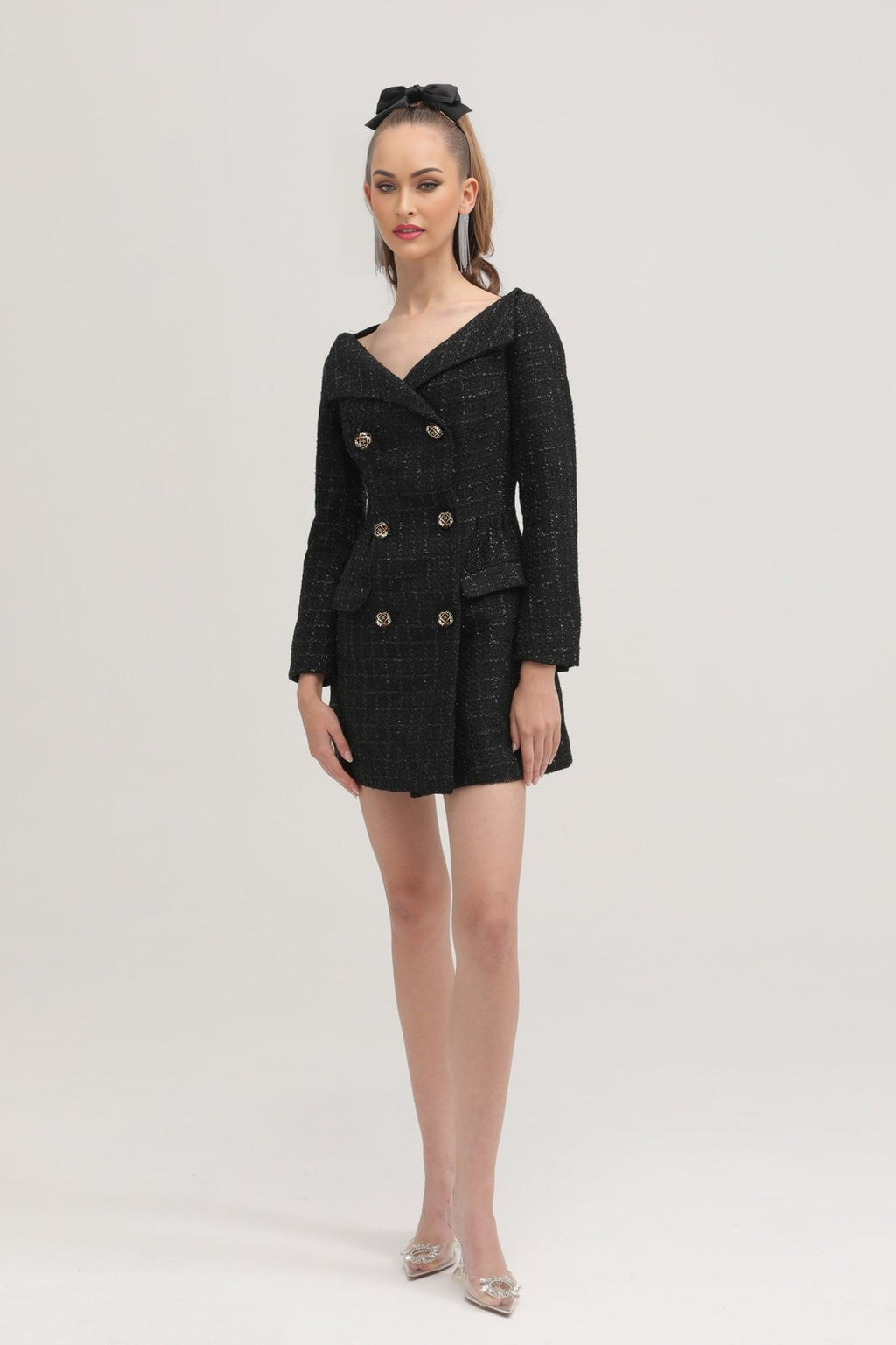 Erin Coat - Open Neck Design - Long Sleeves - Lapels with Bow Detail