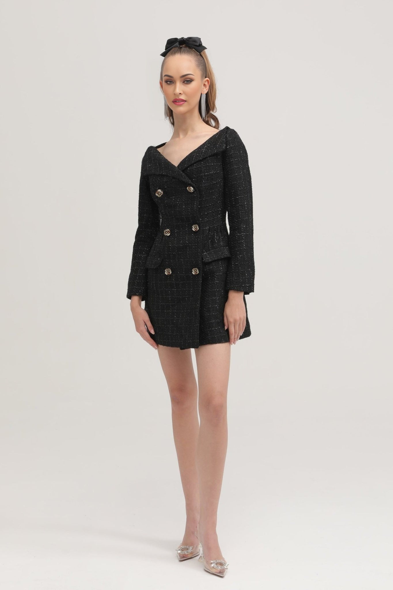 Erin Coat - Open Neck Design - Long Sleeves - Lapels with Bow Detail