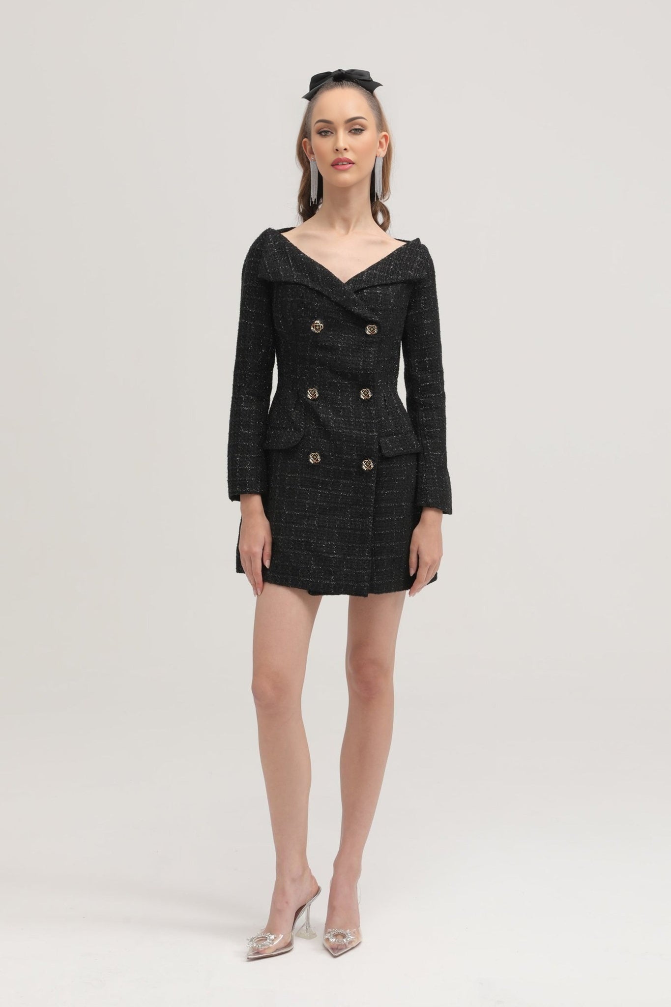 Erin Coat - Open Neck Design - Long Sleeves - Lapels with Bow Detail