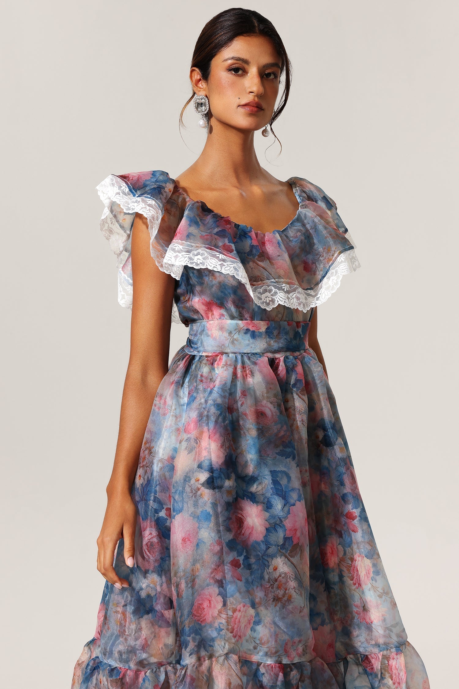 Ermione Blue Floral Maxi Dress with Ruffled Neckline and Lace Detailing