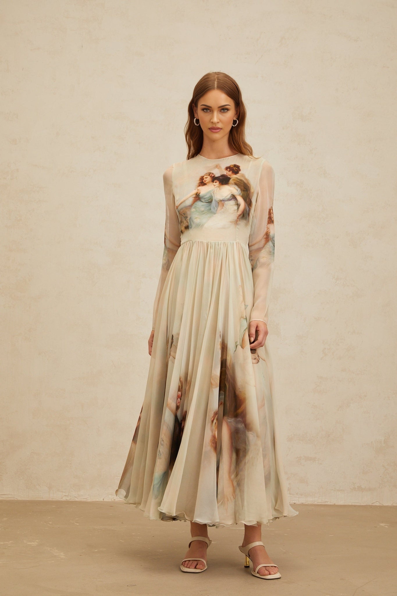 Ermione Maxi Dress - Light Green Graphic Print Round Neck Long Sleeve Shirred Scarf Design Rear Zip Maxi Length