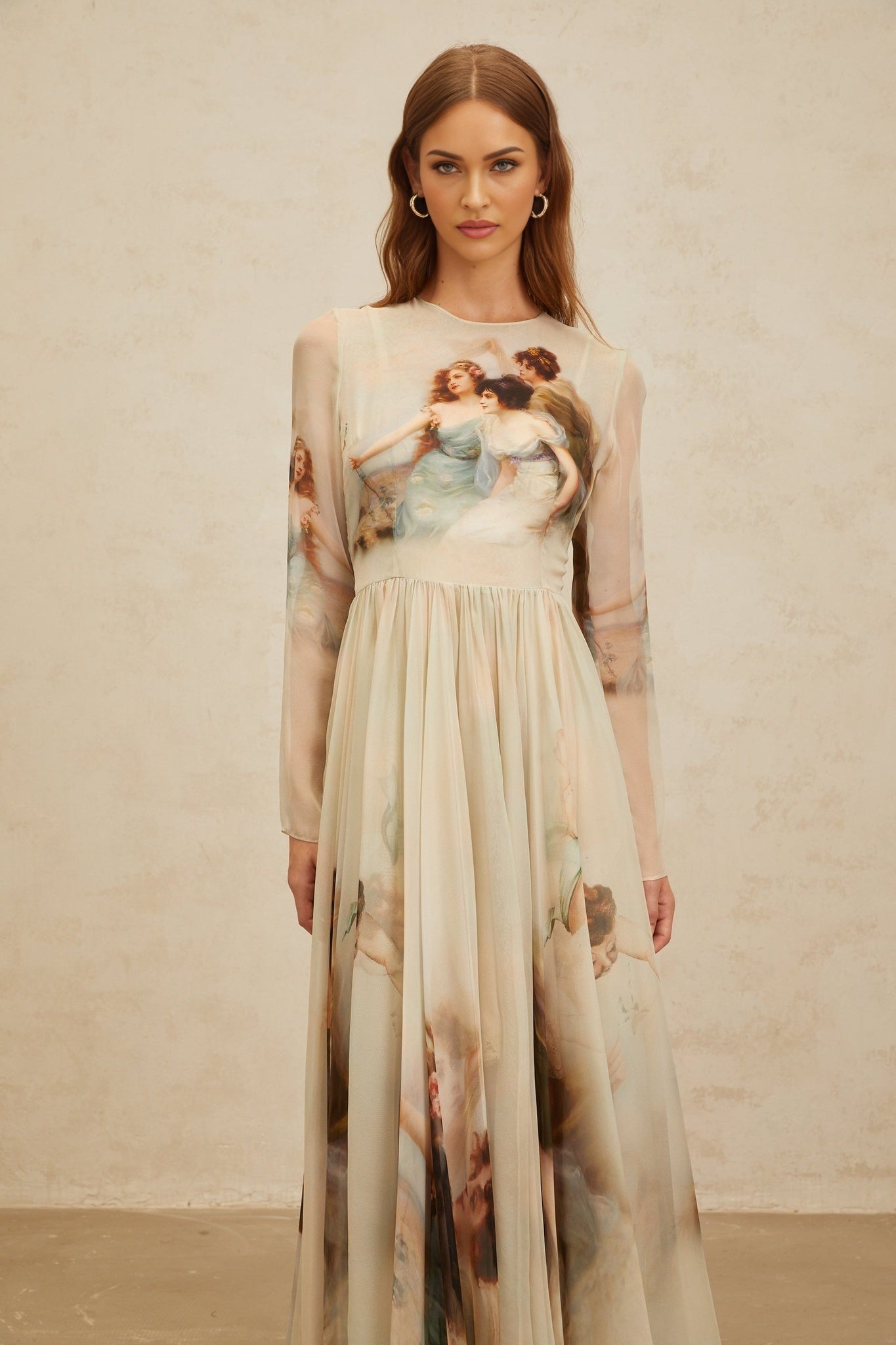 Ermione Maxi Dress - Light Green Graphic Print Round Neck Long Sleeve Shirred Scarf Design Rear Zip Maxi Length