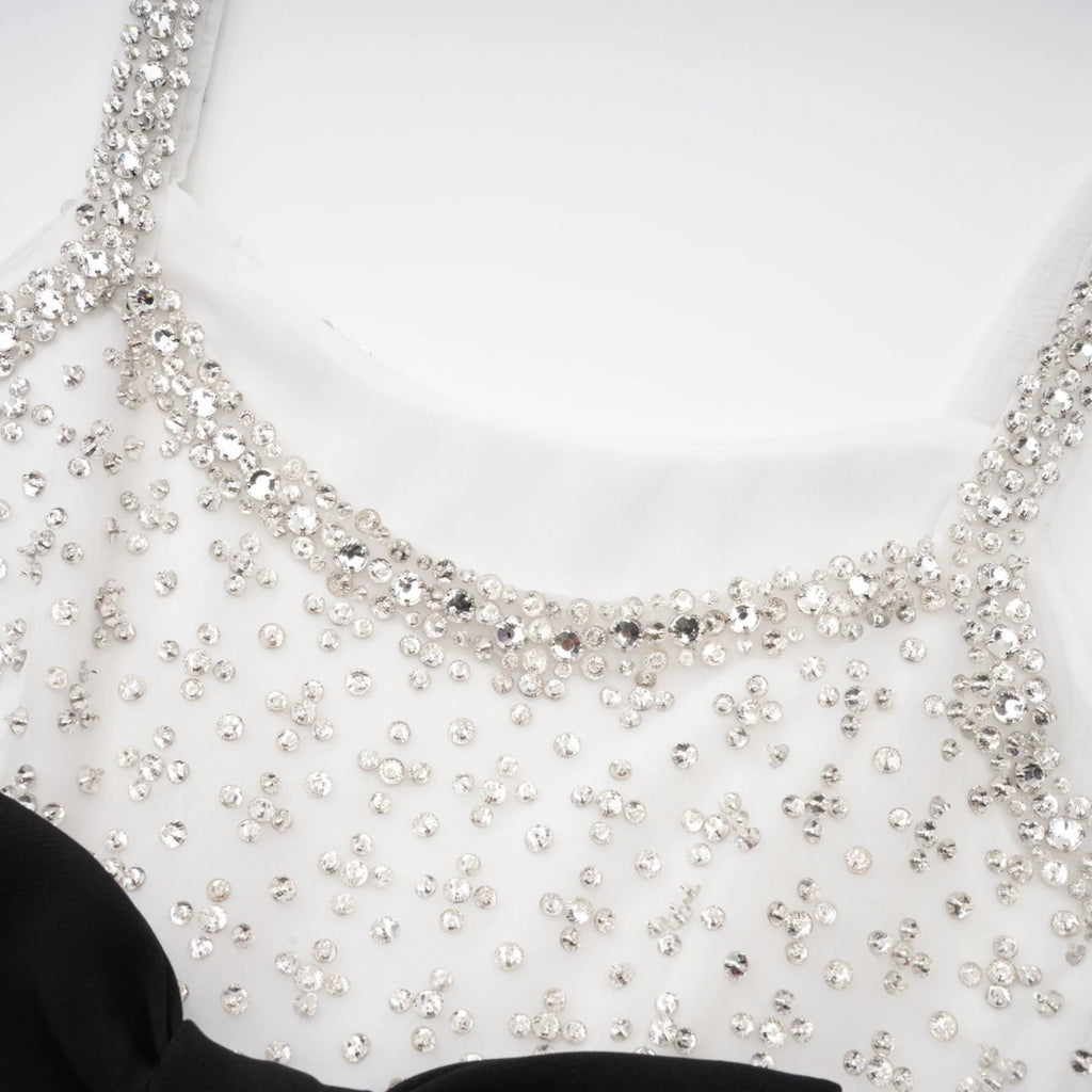 Ermione Mini Dress - Sleeveless Spaghetti Strap Crystal Embellished Bow Detailing Zip Fastening