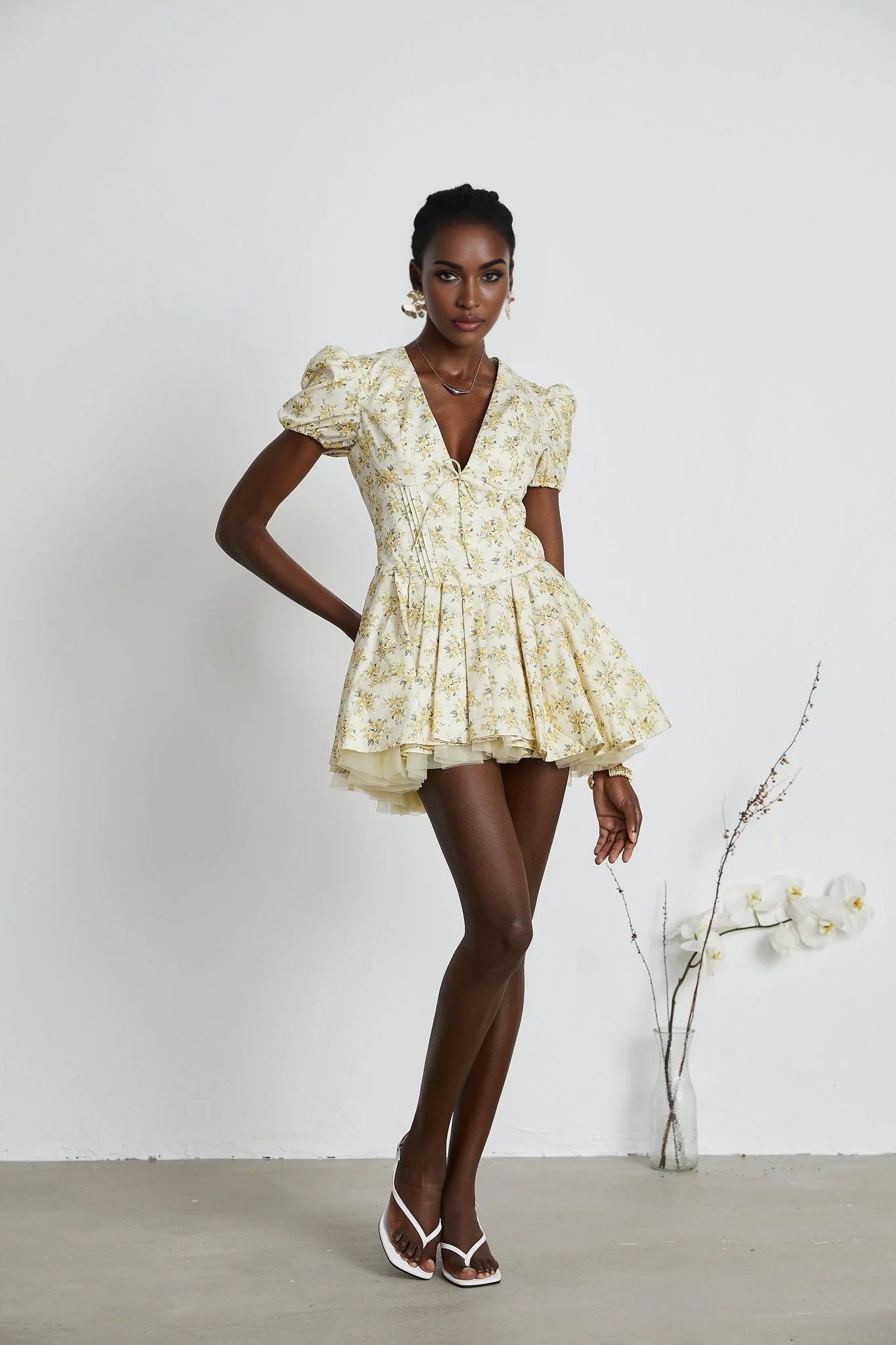 Ermione Mini Dress - V - neck Floral Cinched Waist Pleated Layers Zip Closure Chic Mini Length