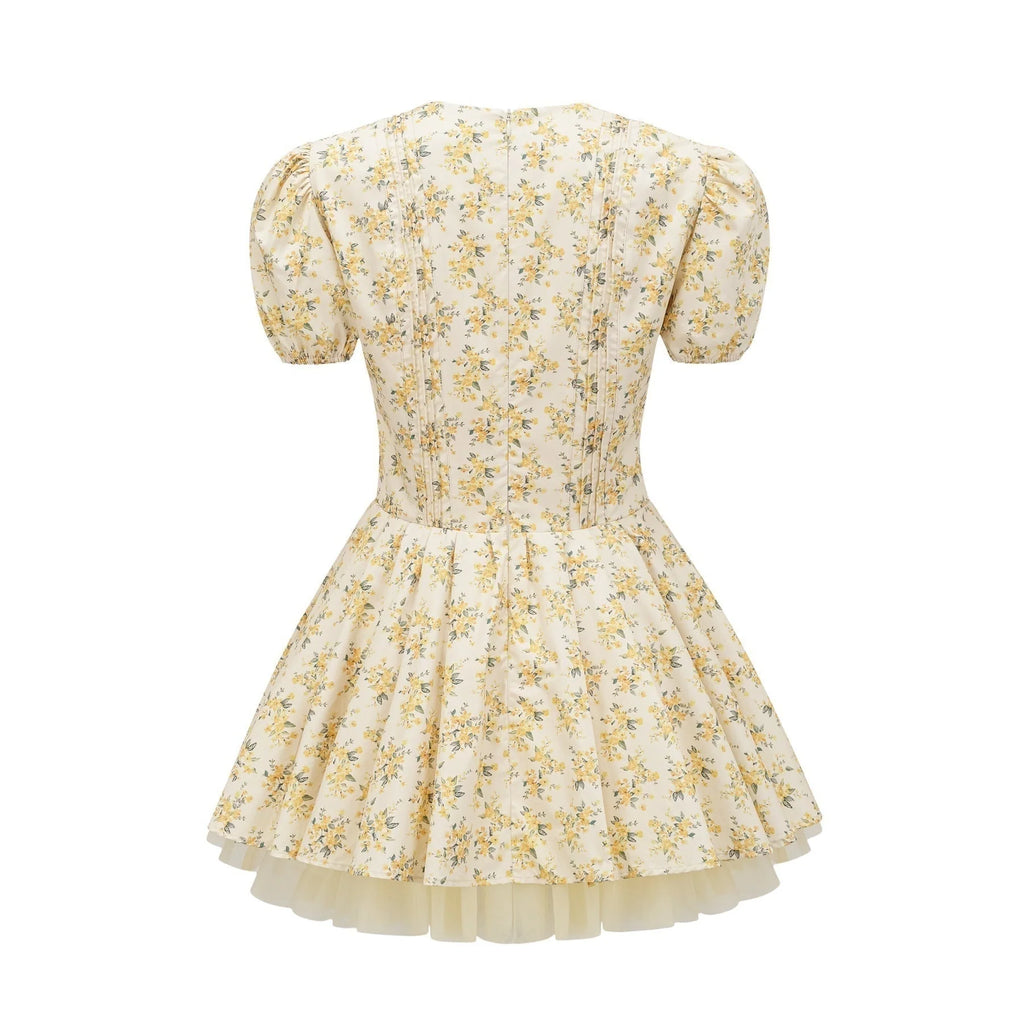 Ermione Mini Dress - V - neck Floral Cinched Waist Pleated Layers Zip Closure Chic Mini Length
