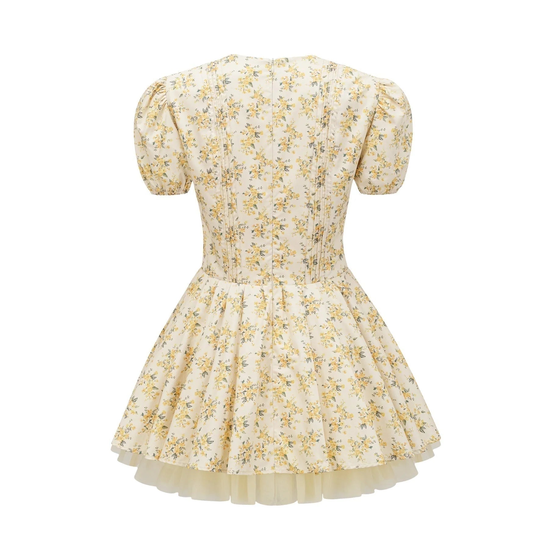Ermione Mini Dress - V - neck Floral Cinched Waist Pleated Layers Zip Closure Chic Mini Length