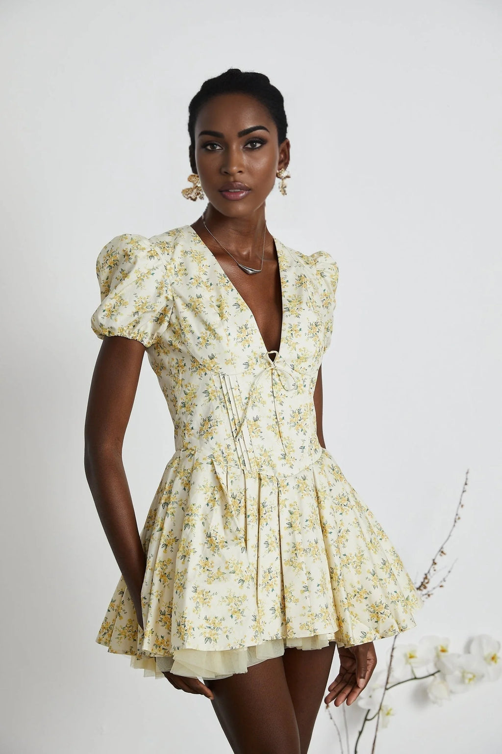Ermione Mini Dress - V - neck Floral Cinched Waist Pleated Layers Zip Closure Chic Mini Length