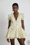 Ermione Mini Dress - V - neck Floral Cinched Waist Pleated Layers Zip Closure Chic Mini Length