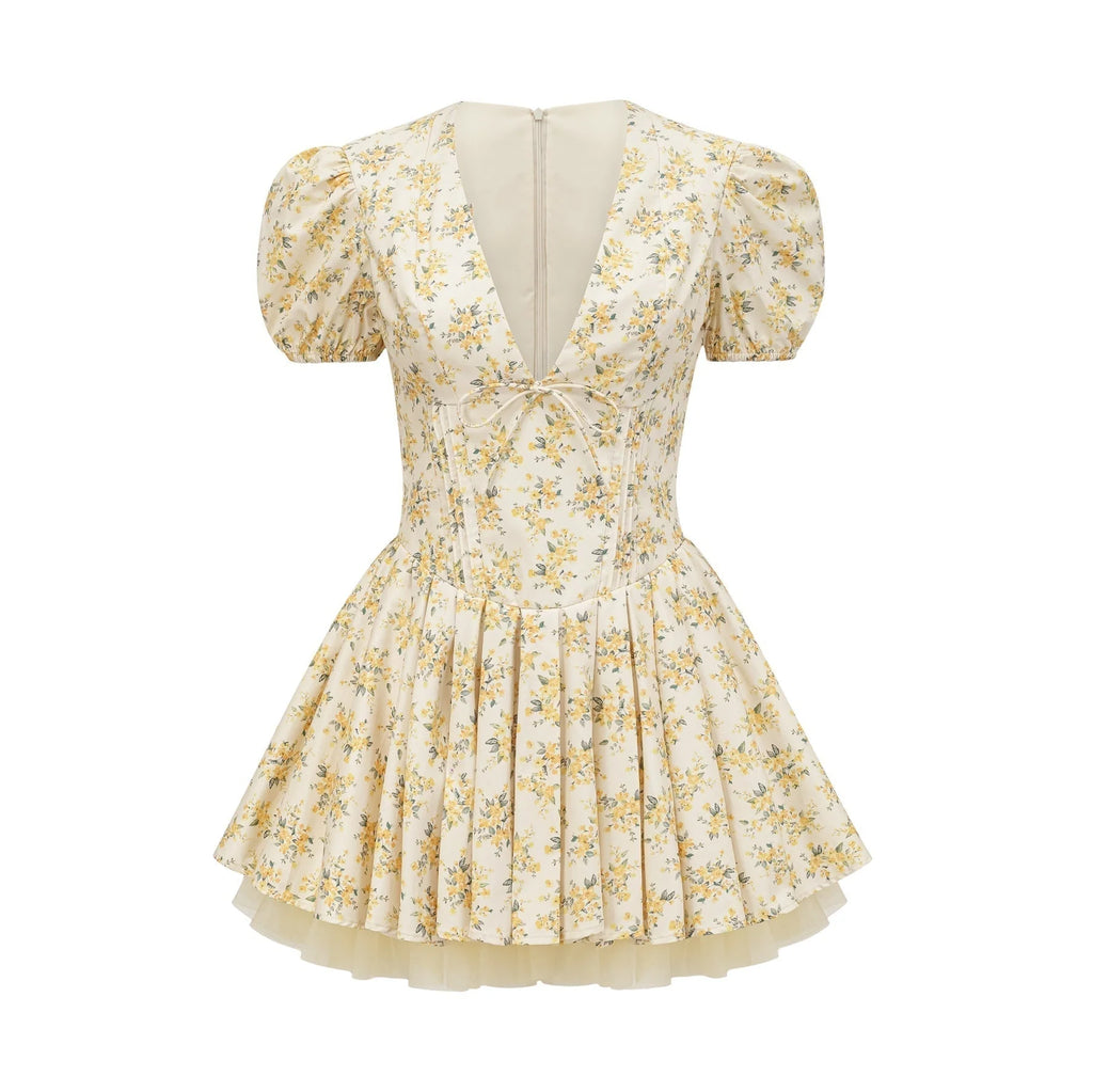 Ermione Mini Dress - V - neck Floral Cinched Waist Pleated Layers Zip Closure Chic Mini Length