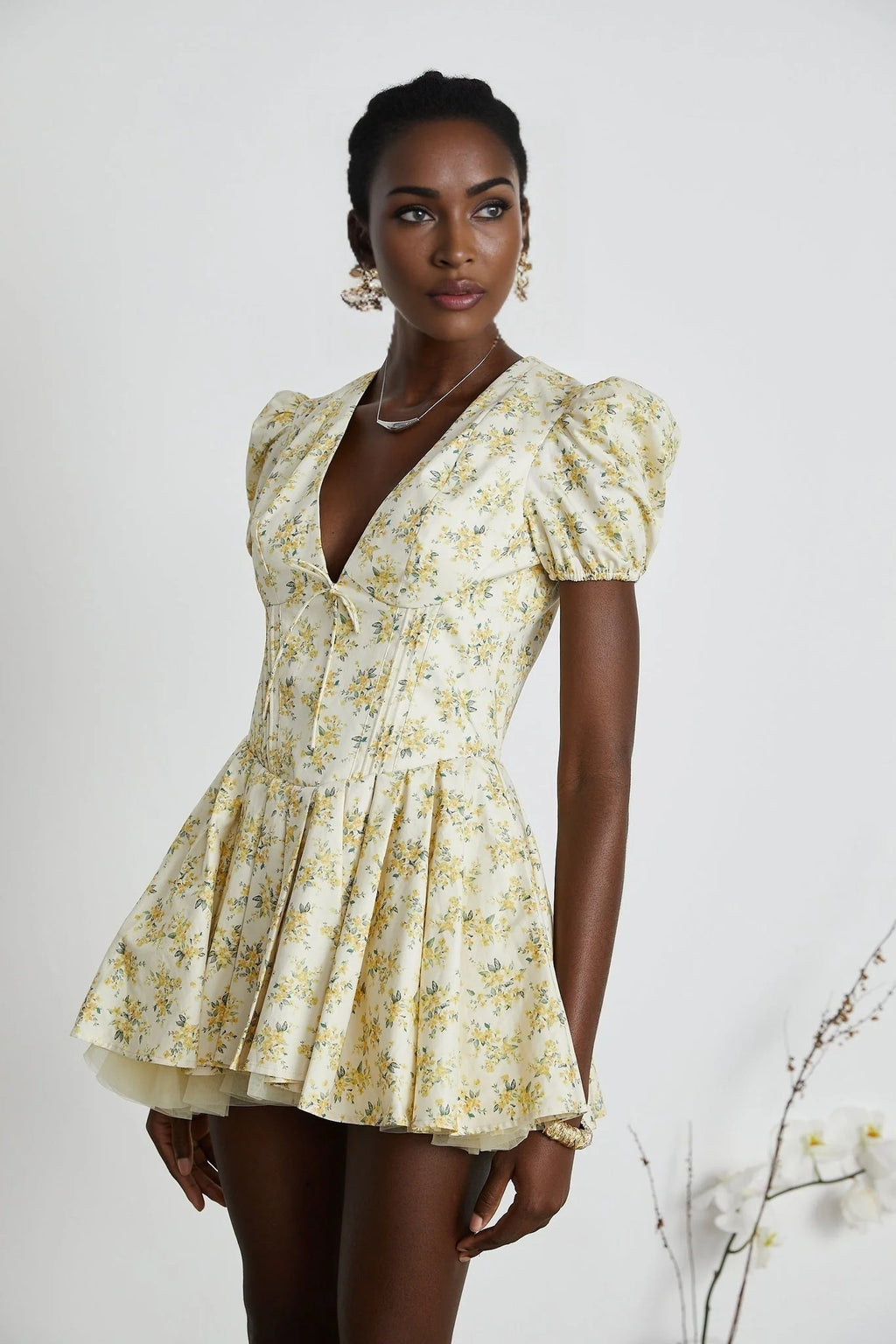 Ermione Mini Dress - V - neck Floral Cinched Waist Pleated Layers Zip Closure Chic Mini Length