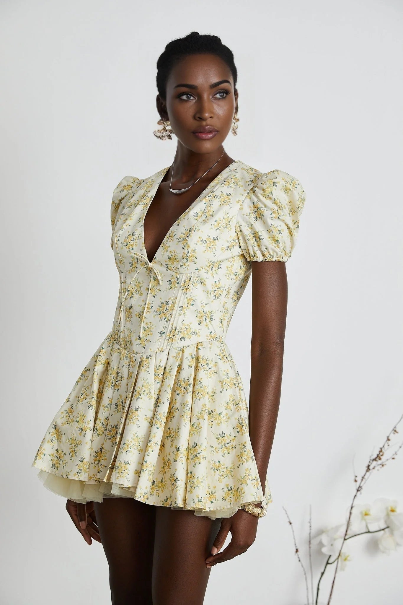 Ermione Mini Dress - V - neck Floral Cinched Waist Pleated Layers Zip Closure Chic Mini Length