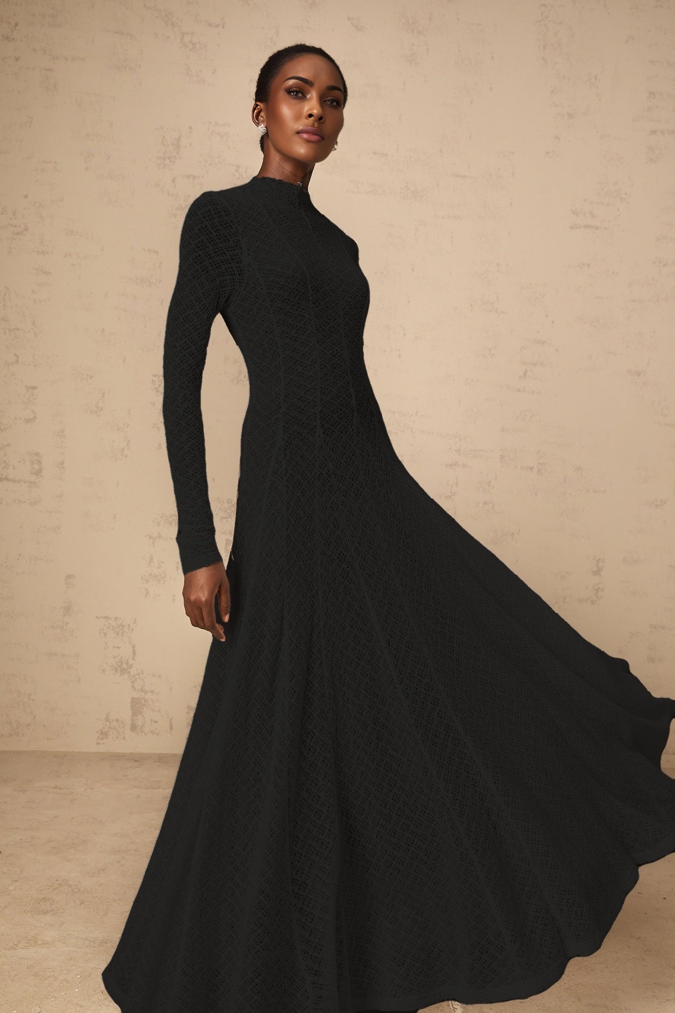 Esme Maxi Dress - Long Sleeves - Crew Neck - Lace Overlay with Wavy Pattern - Pleated Detailing with Rear Zip Fastening