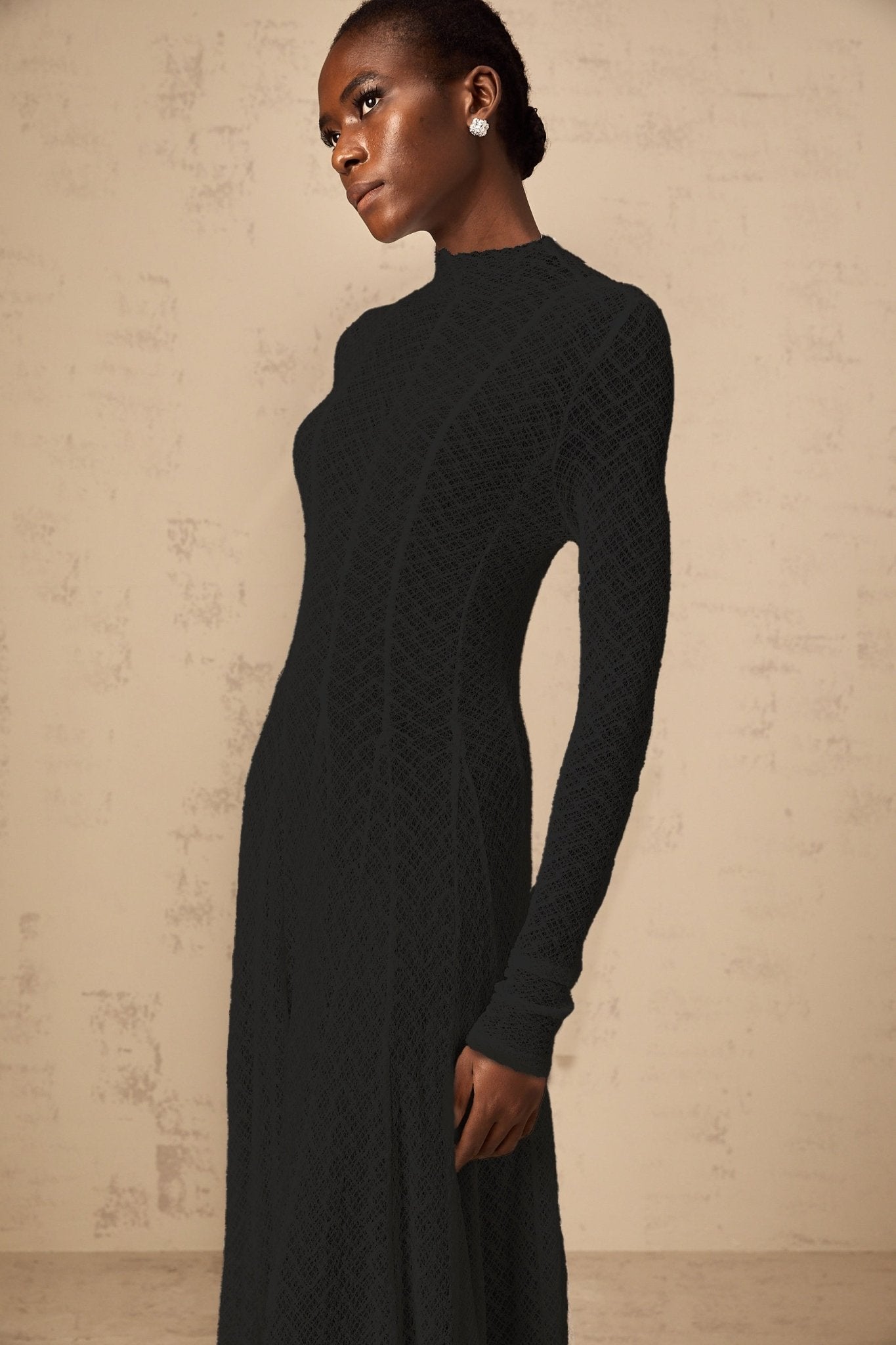 Esme Maxi Dress - Long Sleeves - Crew Neck - Lace Overlay with Wavy Pattern - Pleated Detailing with Rear Zip Fastening