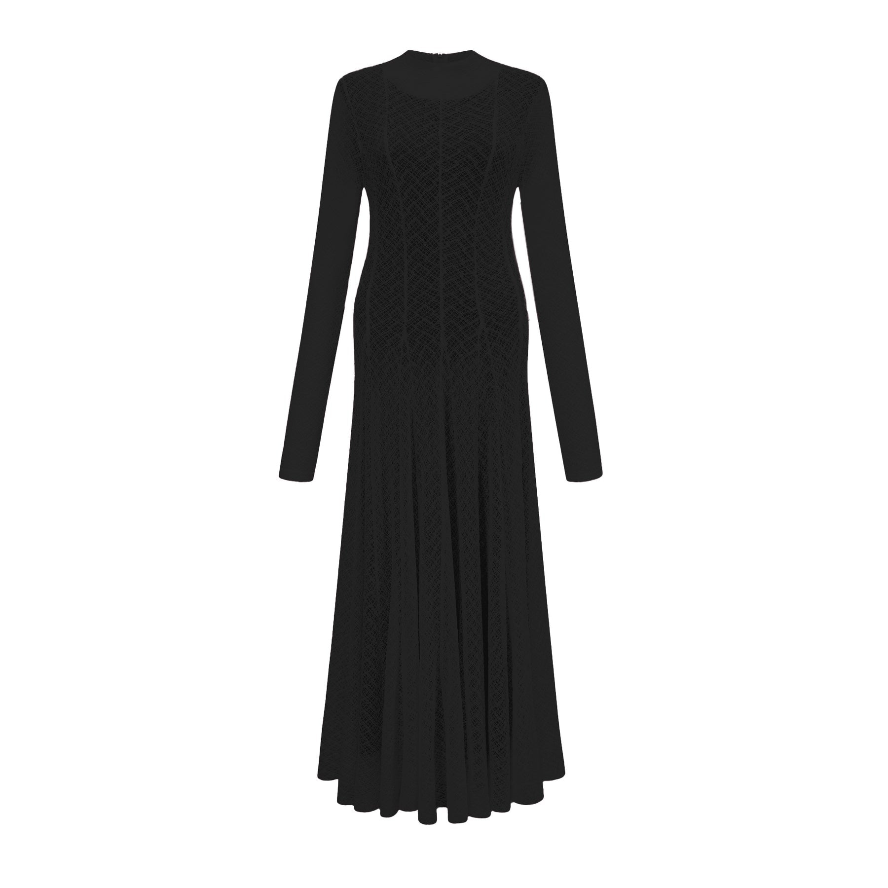 Esme Maxi Dress - Long Sleeves - Crew Neck - Lace Overlay with Wavy Pattern - Pleated Detailing with Rear Zip Fastening