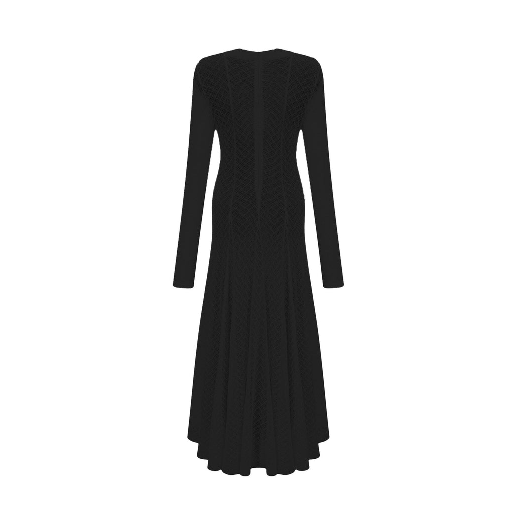 Esme Maxi Dress - Long Sleeves - Crew Neck - Lace Overlay with Wavy Pattern - Pleated Detailing with Rear Zip Fastening