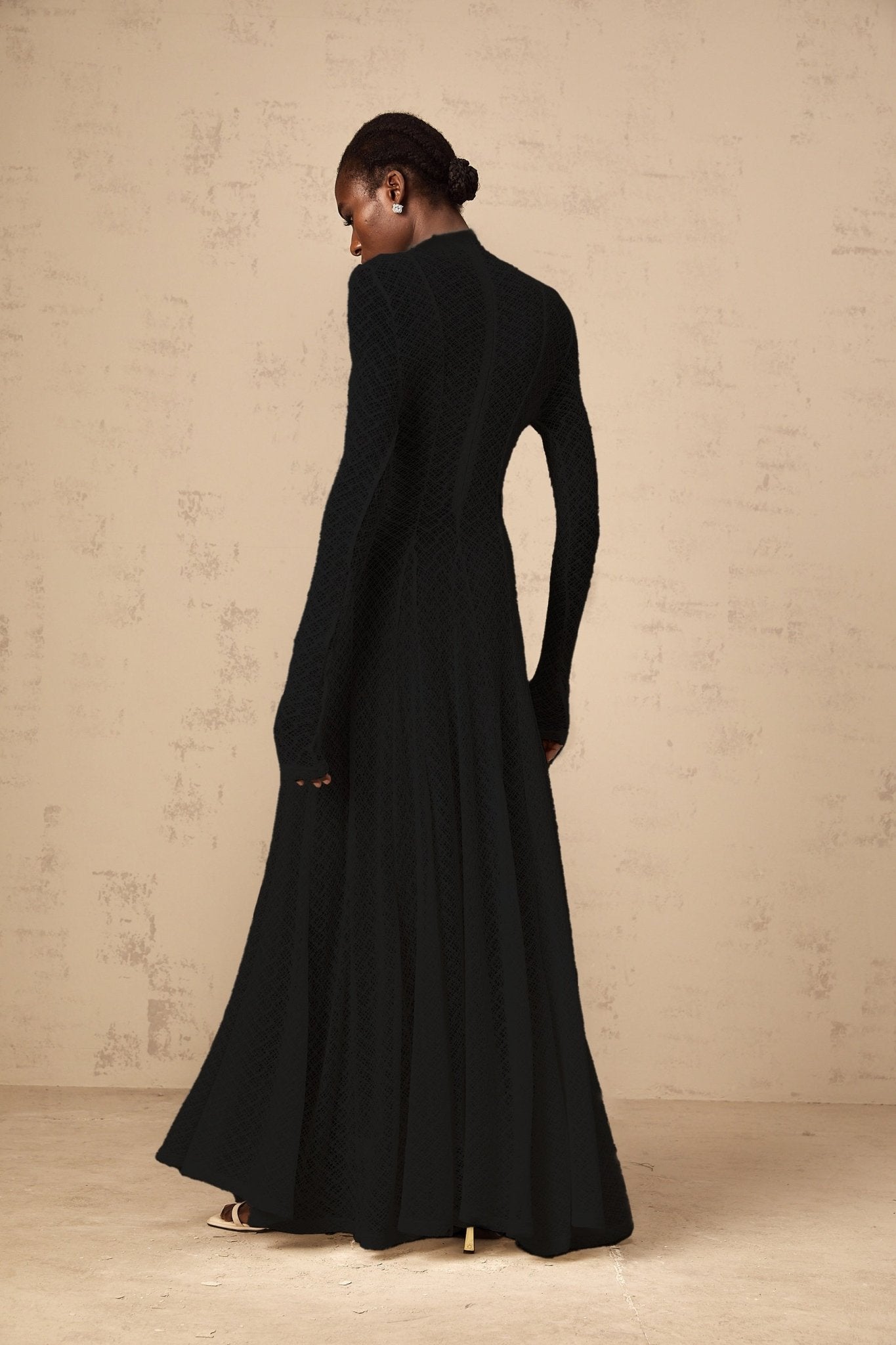 Esme Maxi Dress - Long Sleeves - Crew Neck - Lace Overlay with Wavy Pattern - Pleated Detailing with Rear Zip Fastening