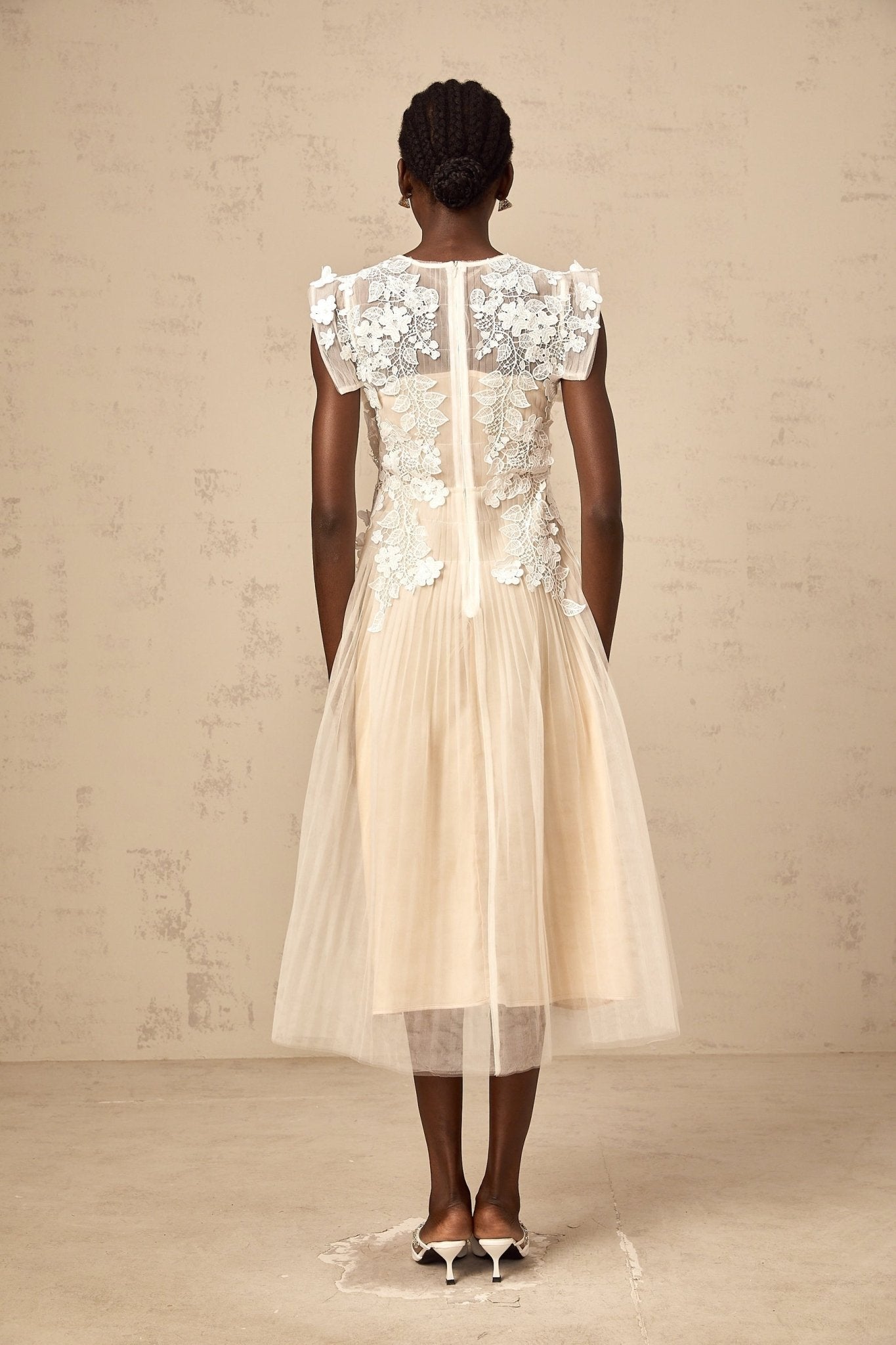Esme Midi Dress – Sleeveless – Floral - lace Detailing – Pleated Detailing