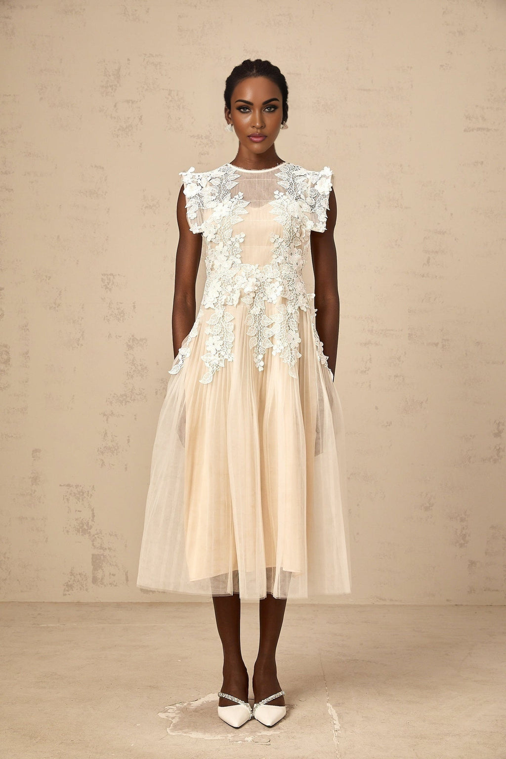Esme Midi Dress – Sleeveless – Floral - lace Detailing – Pleated Detailing