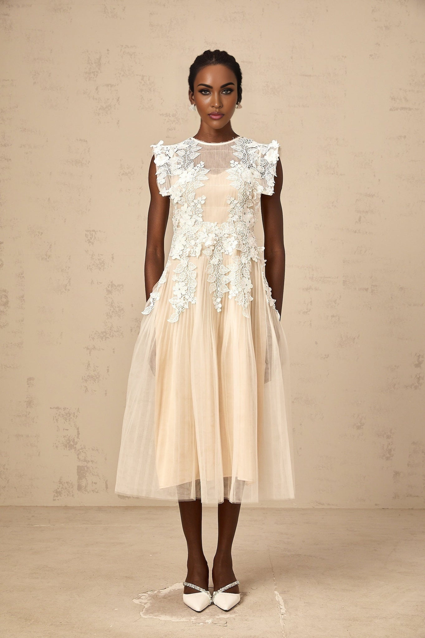 Esme Midi Dress – Sleeveless – Floral - lace Detailing – Pleated Detailing
