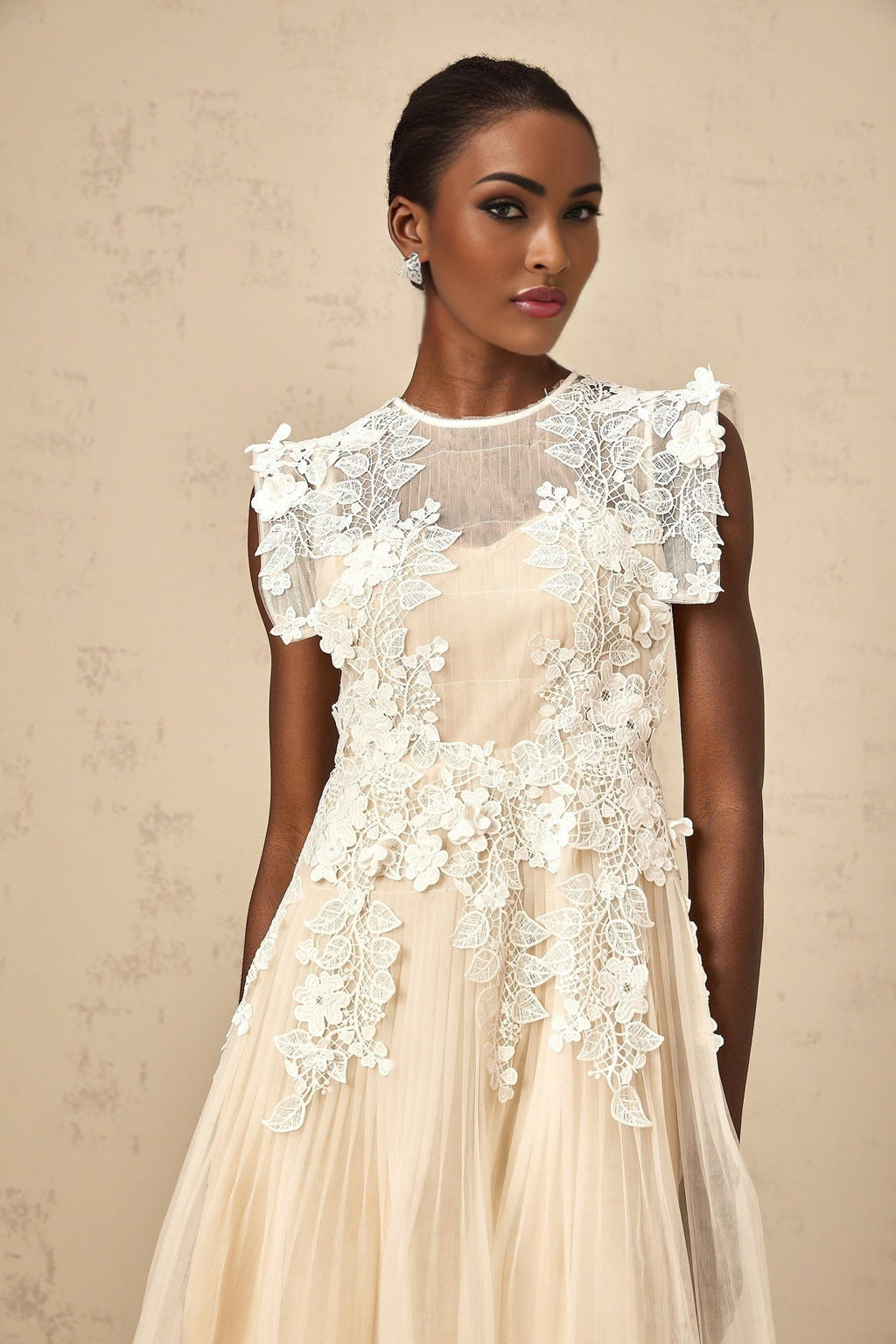 Esme Midi Dress – Sleeveless – Floral - lace Detailing – Pleated Detailing