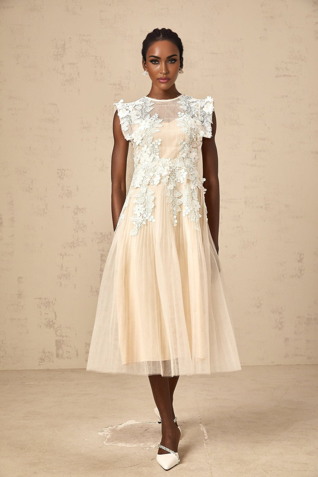 Esme Midi Dress – Sleeveless – Floral - lace Detailing – Pleated Detailing