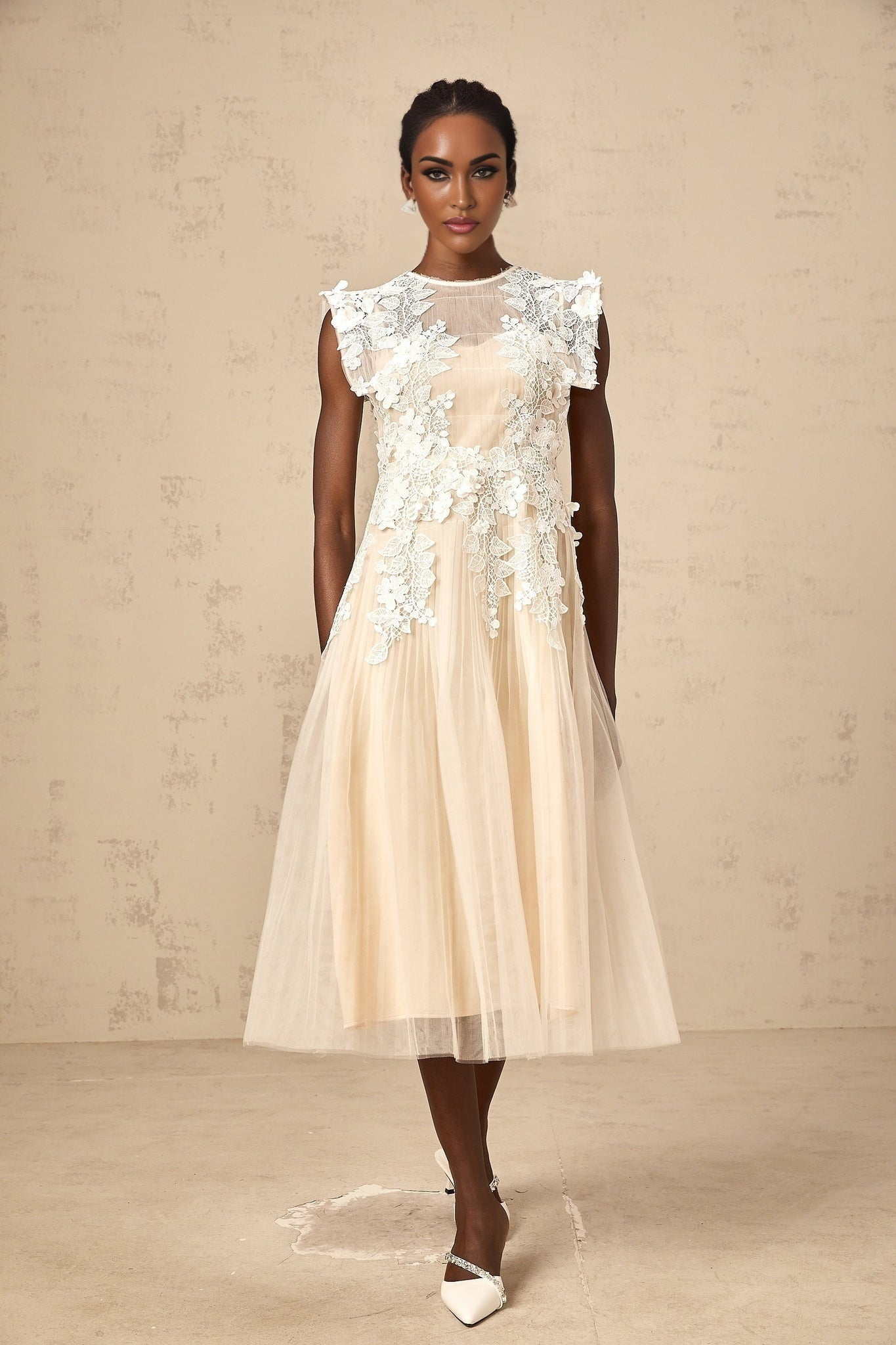 Esme Midi Dress – Sleeveless – Floral - lace Detailing – Pleated Detailing