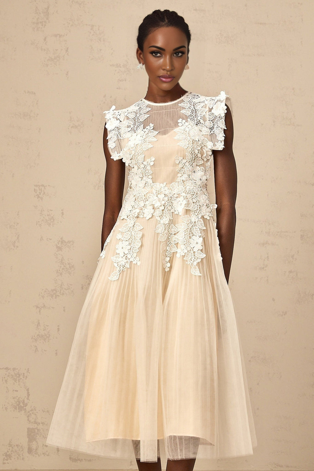 Esme Midi Dress – Sleeveless – Floral - lace Detailing – Pleated Detailing