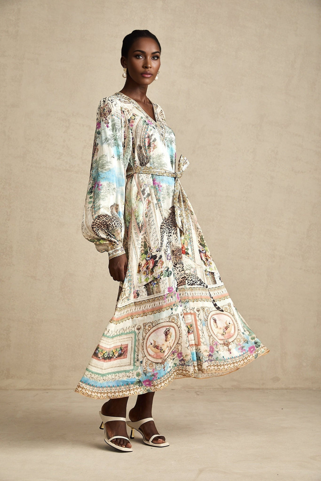 Esme Midi Dress - V - neck Design - Long Puff Sleeves - Belted Waist - Crystal Embellishments - Pattern