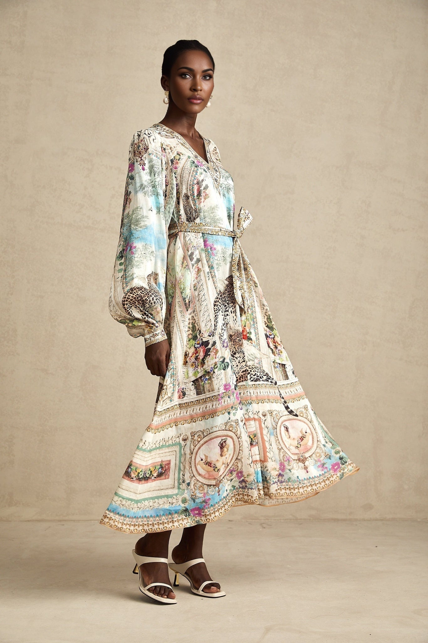 Esme Midi Dress - V - neck Design - Long Puff Sleeves - Belted Waist - Crystal Embellishments - Pattern