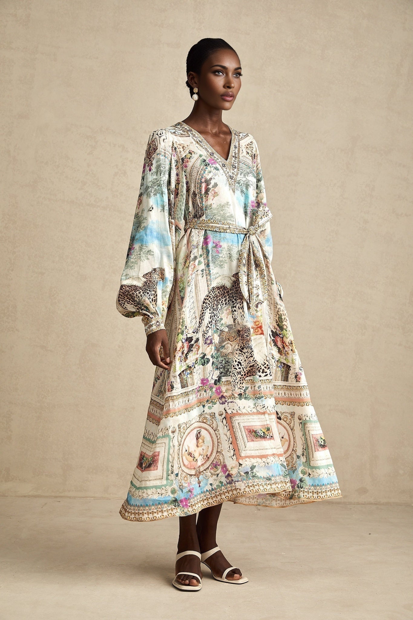 Esme Midi Dress - V - neck Design - Long Puff Sleeves - Belted Waist - Crystal Embellishments - Pattern