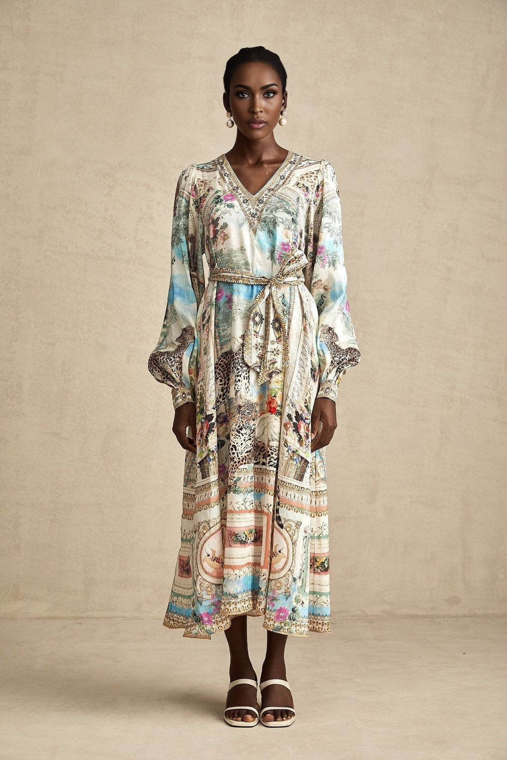 Esme Midi Dress - V - neck Design - Long Puff Sleeves - Belted Waist - Crystal Embellishments - Pattern