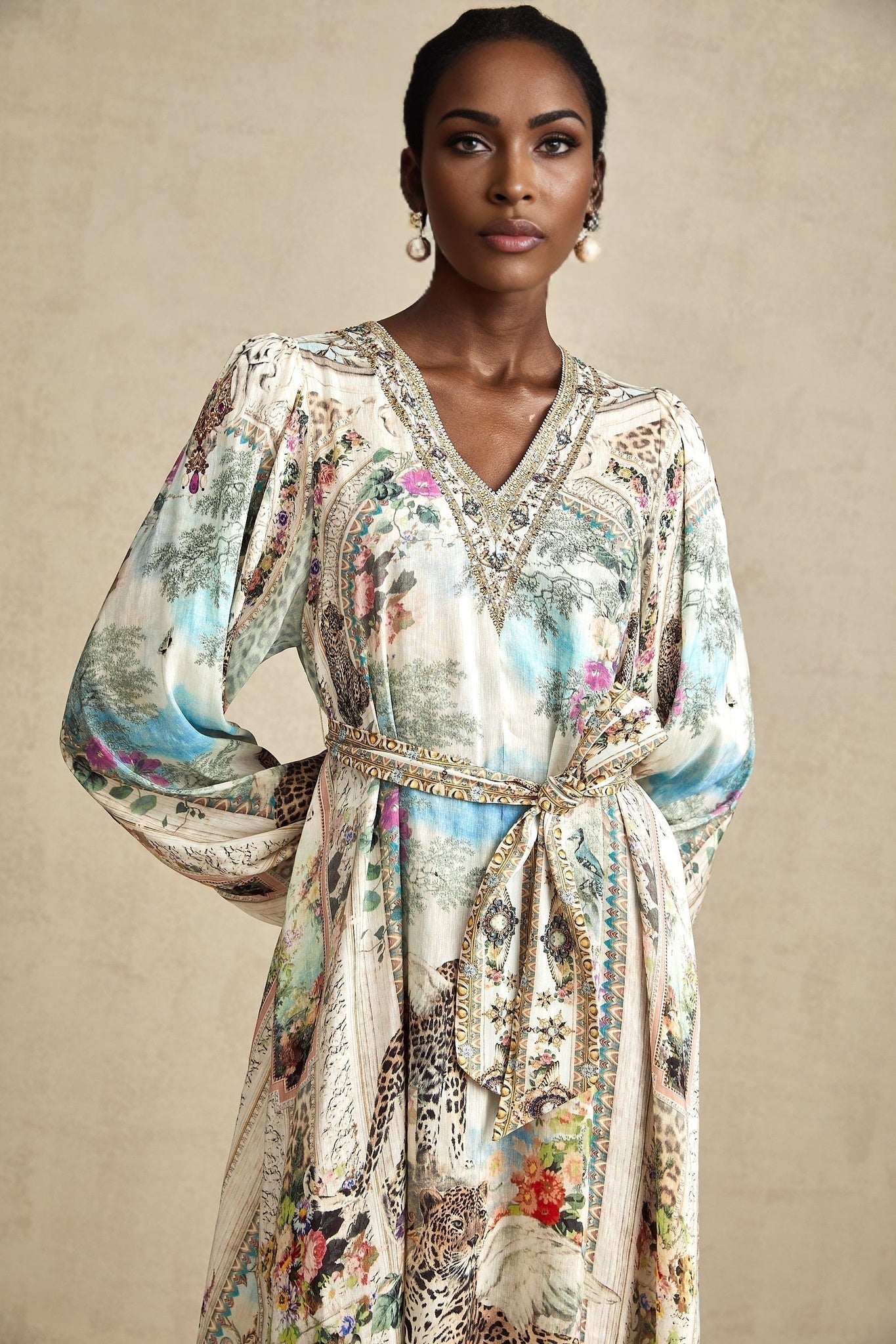 Esme Midi Dress - V - neck Design - Long Puff Sleeves - Belted Waist - Crystal Embellishments - Pattern