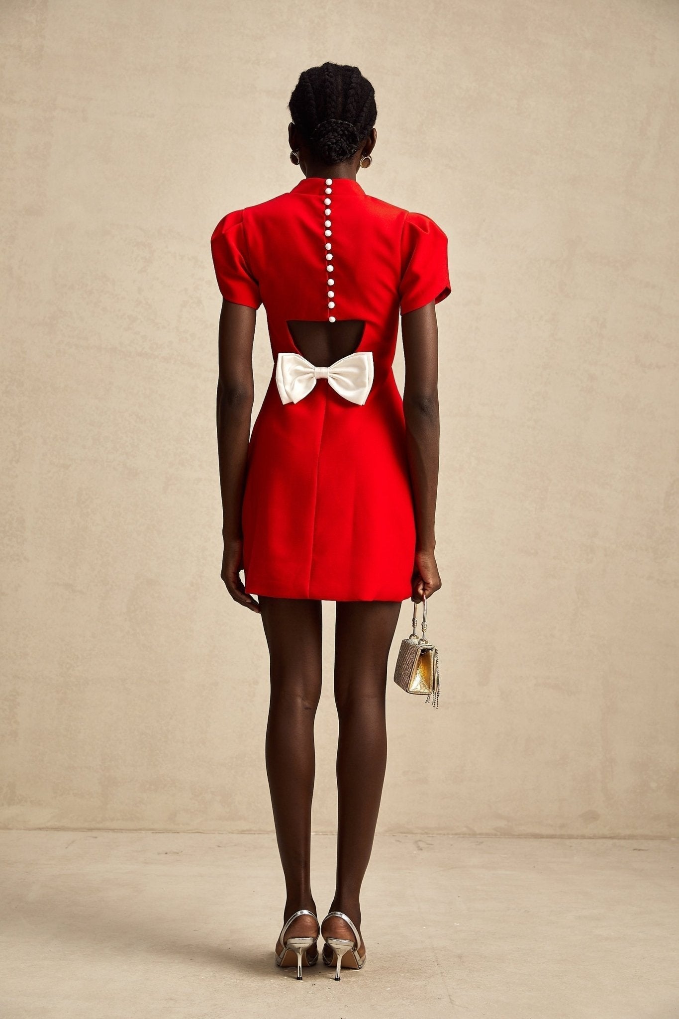 Esme Mini Dress - Crew Neck - Short Petal Sleeves - Bow Detailing - Cut - Out Back