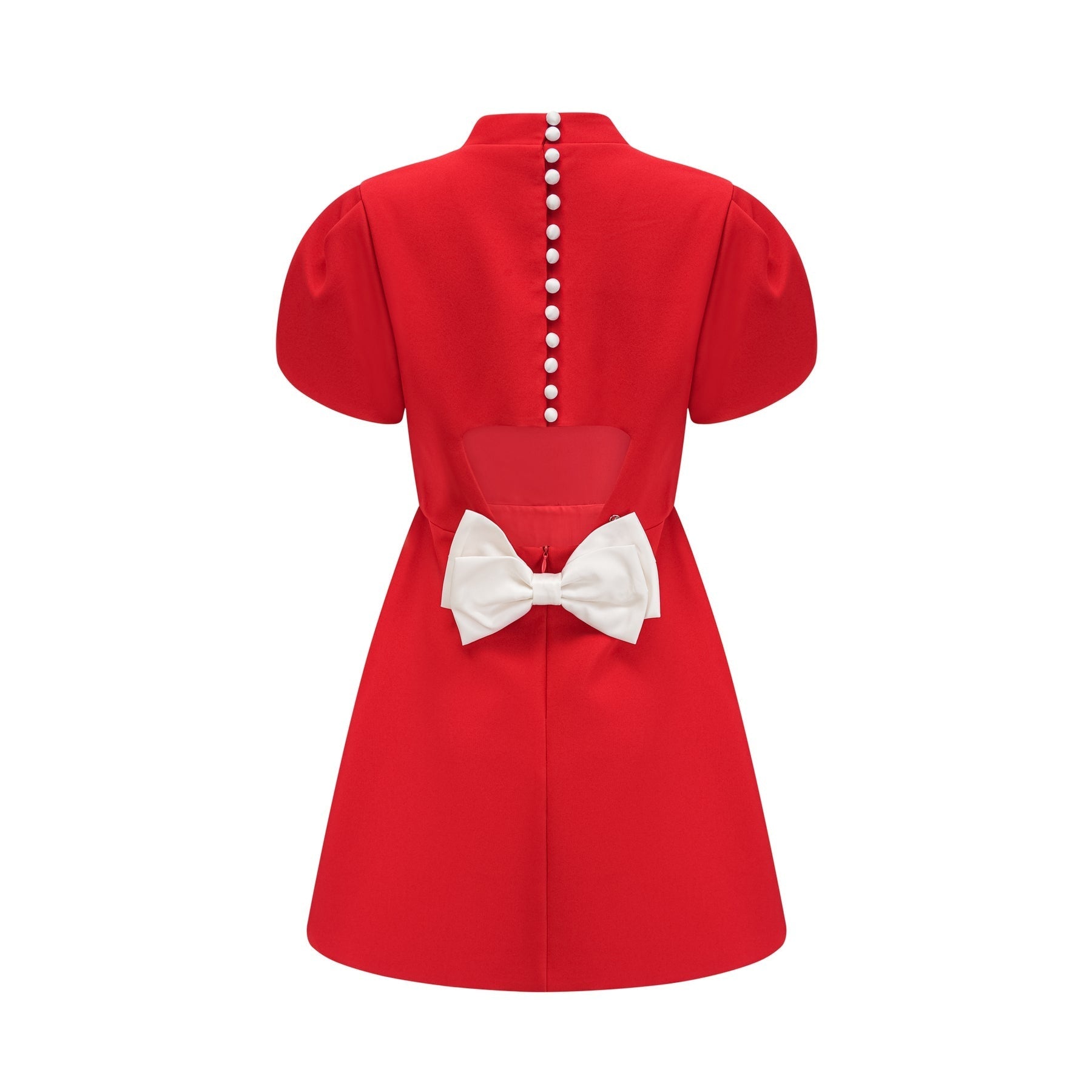 Esme Mini Dress - Crew Neck - Short Petal Sleeves - Bow Detailing - Cut - Out Back