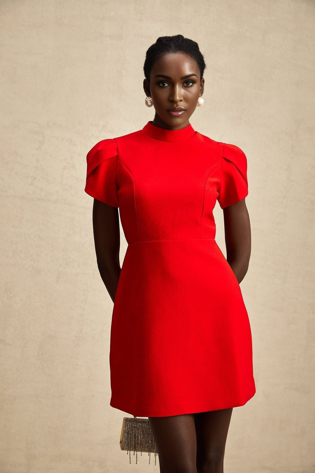 Esme Mini Dress - Crew Neck - Short Petal Sleeves - Bow Detailing - Cut - Out Back