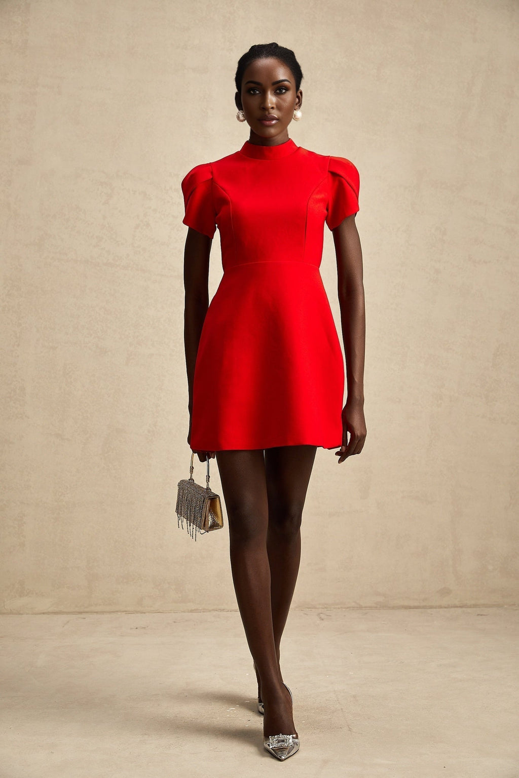 Esme Mini Dress - Crew Neck - Short Petal Sleeves - Bow Detailing - Cut - Out Back