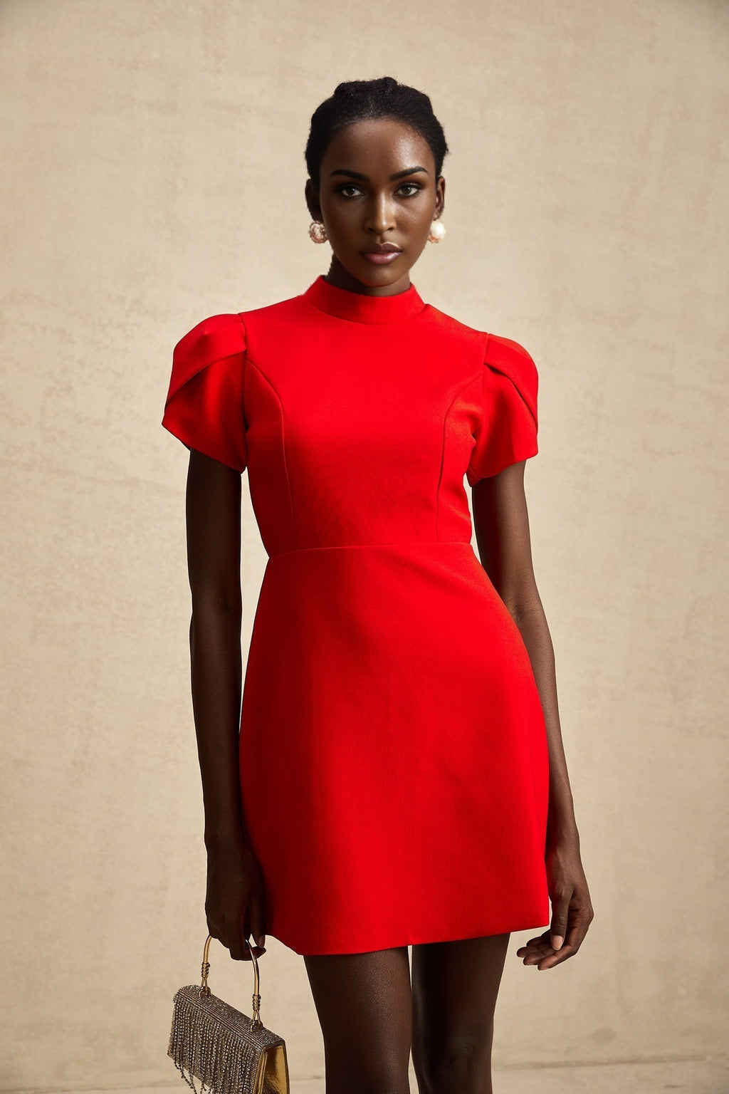 Esme Mini Dress - Crew Neck - Short Petal Sleeves - Bow Detailing - Cut - Out Back