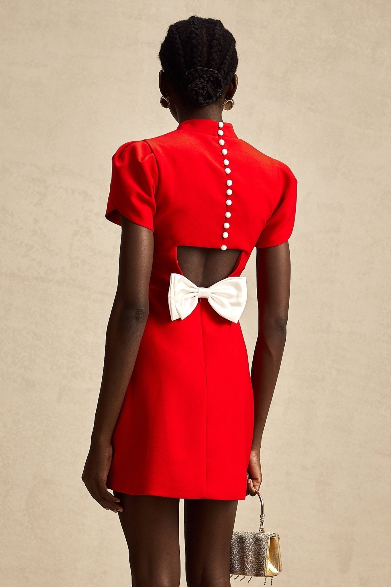 Esme Mini Dress - Crew Neck - Short Petal Sleeves - Bow Detailing - Cut - Out Back