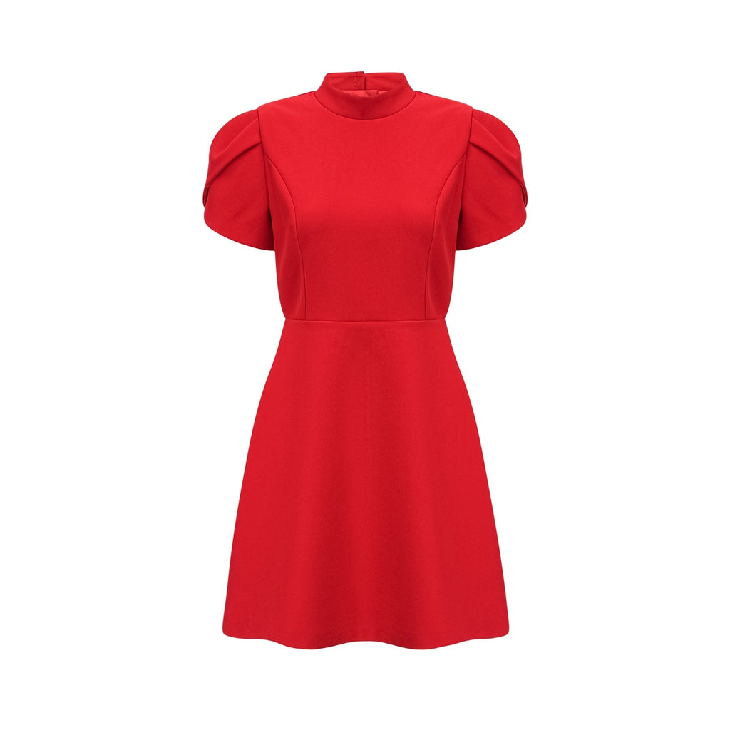 Esme Mini Dress - Crew Neck - Short Petal Sleeves - Bow Detailing - Cut - Out Back