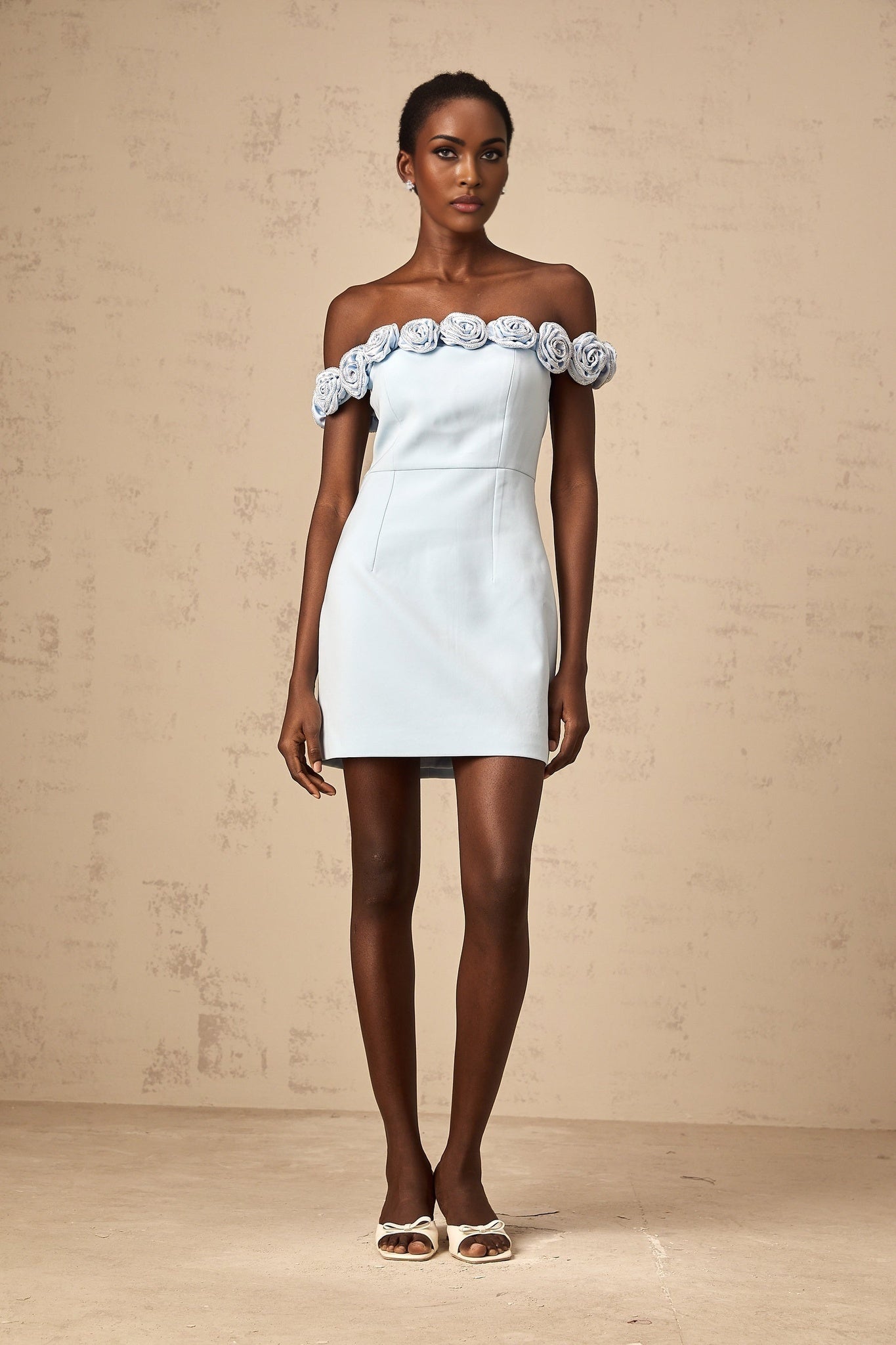 Esme Mini Dress - Off the Shoulder Design - A - Line Silhouette - Rhinestone Embellishments - Flower Appliqu