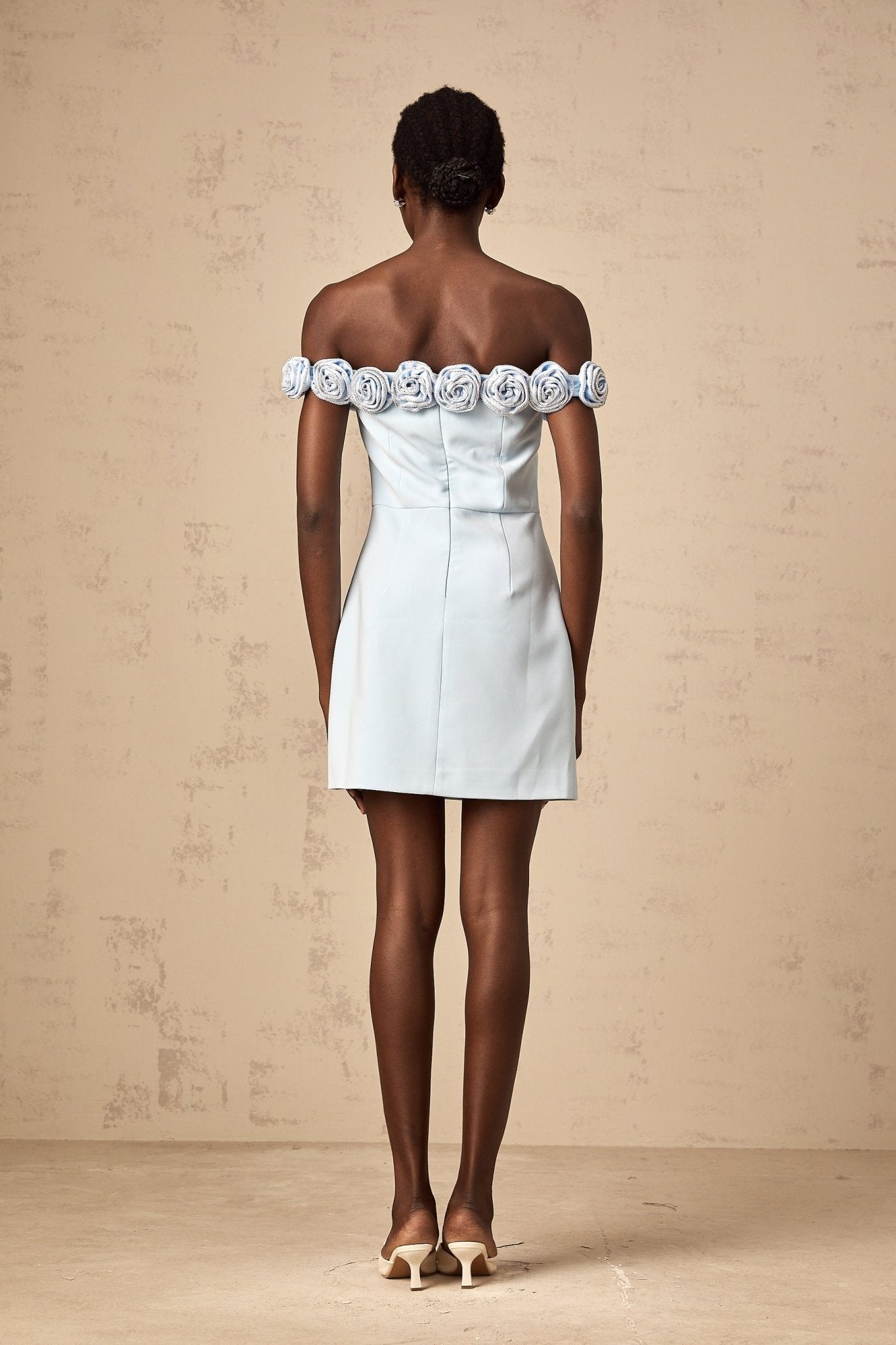 Esme Mini Dress - Off the Shoulder Design - A - Line Silhouette - Rhinestone Embellishments - Flower Appliqu