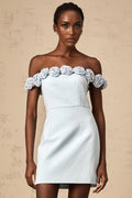 Esme Mini Dress - Off the Shoulder Design - A - Line Silhouette - Rhinestone Embellishments - Flower Appliqu